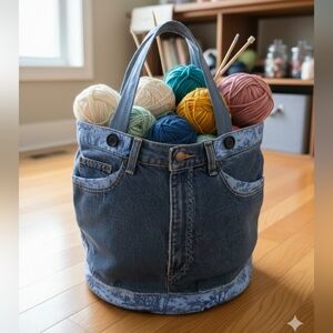 HAND CRAFTED Storage Tote Basket HANDMADE Blue Toile Fabric Denim Blue Jeans